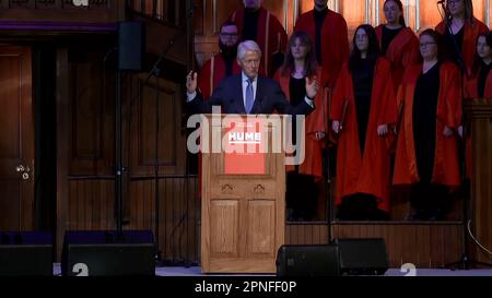 Londonderry, Irlanda del Nord. 18th Apr, 2023. L'ex presidente degli Stati Uniti Bill Clinton si rivolge a un pubblico a Londonderry in occasione del 25th° anniversario dell'accordo Belfast/Venerdì Santo durante l'evento "Making Hope and History Rhyme" della John and Pat Hume Foundation, che si svolge martedì 18 aprile 2023 presso la Guild Hall di Londonderry, Irlanda del Nord. Photo by Hume Foundation/UPI Credit: UPI/Alamy Live News Foto Stock