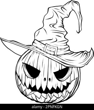 Zucca di Halloween in cappello oggetto grafico vettoriale o elemento di design in stile monocromatico vintage isolato su sfondo bianco Illustrazione Vettoriale