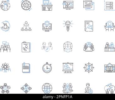 Collezione di icone della linea del Consiglio di leadership. Governance, collaborazione, direzione, influenza, gestione, Strategia, decisività vettoriale e lineare Illustrazione Vettoriale