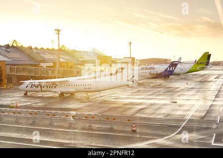 Tallinn, Estonia - 2021 maggio: Ingresso principale dell'aeroporto di Tallinn o dell'aeroporto di Lennart Meri Tallinn. Aeromobili Finnair, SAS, AirBaltic, Lufthansa parcheggiati in Foto Stock