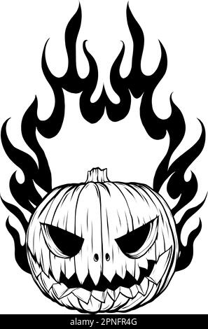 Immagine monocromatica del carattere di zucca di Halloween con fiamma di fuoco su sfondo bianco. Illustrazione Vettoriale