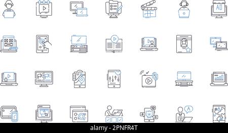 Raccolta di icone della riga di creazione del contenuto. Scrittura, blog, video, fotografia, editing, Copywriting, grafica vettoriale e illustrazione lineare Illustrazione Vettoriale