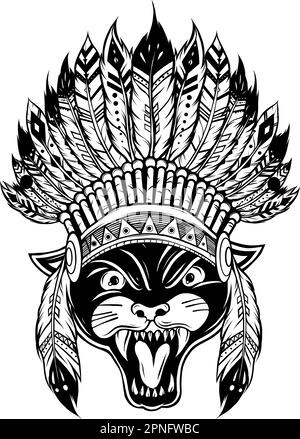 Pantera monocromatica nera, puma. Capo di animale. Ritratto di gatto selvatico. Headdress indiano con le piume. Illustrazione Vettoriale