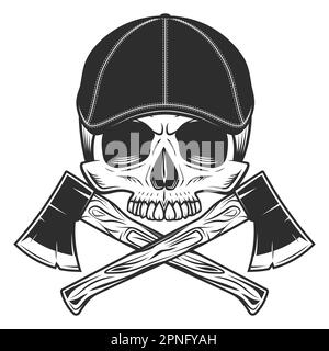 Cranio senza mandibola in gangster gatsby cappello tweed cappello piatto con costruzione lumberjack axe strumento di riparazione vettore illustrazione Illustrazione Vettoriale