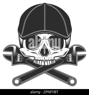 Cranio senza mandibola in gangster gatsby cappello a tweed cappello piatto con disegno vettoriale utensile di riparazione meccanico o di costruzione con chiave regolabile Illustrazione Vettoriale