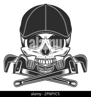 Cranio senza mandibola in gangster gatsby cappello tweed cappello piatto con costruzione idraulico chiave regolabile utensile di riparazione manutenzione illustrazione vettoriale Illustrazione Vettoriale