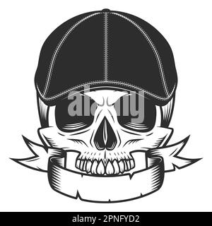 Cranio senza mandibola in gangster gatsby cappello tweed cappello piatto con nastro vintage vettore illustrazione Illustrazione Vettoriale