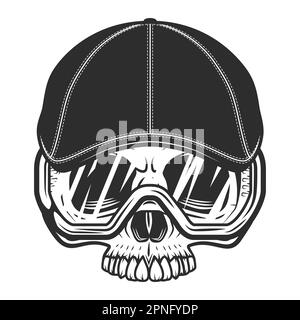 Cranio senza mandibola in gangster gatsby cappello tweed berretto piatto e occhiali di sicurezza da costruzione vintage vintage vettoriale illustrazione Illustrazione Vettoriale