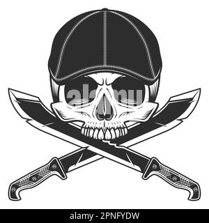 Cranio senza mandibola in gangster gatsby cappello tweed cappello piatto con machete spada vintage vettore illustrazione Illustrazione Vettoriale