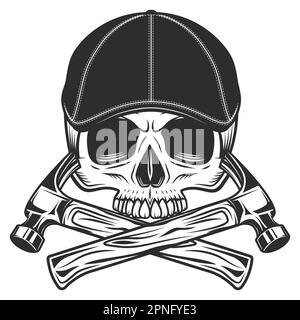 Cranio senza mandibola nel gangster gatsby cappello a tweed cappello piatto con martello da costruzione per riparazione utensili di servizio illustrazione vettoriale Illustrazione Vettoriale