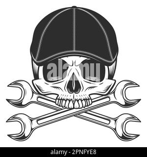 Cranio senza mandibola nel gangster gatsby cappello a tweed cappello piatto con costruzione o chiave meccanica utensile di riparazione vettore illustrazione Illustrazione Vettoriale