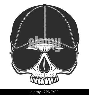 Cranio senza mandibola in gangster gatsby cappello tweed cappello piatto e occhiali da sole vintage vettore illustrazione Illustrazione Vettoriale