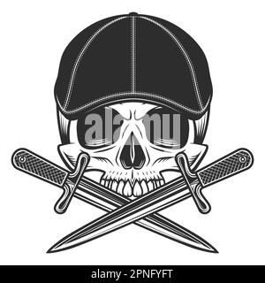 Cranio senza mandibola in gangster gatsby cappello tweed cappello piatto con disegno vettoriale vintage coltello pugnale Illustrazione Vettoriale