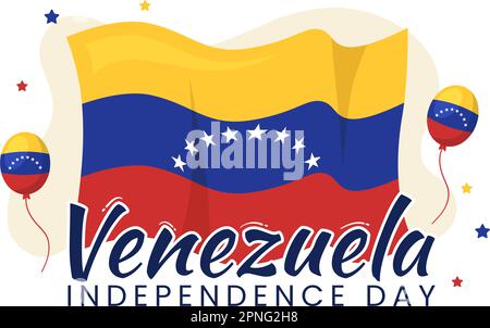 Happy Venezuela Independence Day Vector Illustration il 5 luglio con bandiere, mongolfiera e Confetti in Memorial Holiday sfondo modello disegnato a mano Illustrazione Vettoriale