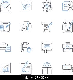 Raccolta di icone di linea dei file di produzione. Automazione, assemblaggio, fabbricazione, lavorazione, prototipazione, Strumenti, vettoriali di precisione e lineari Illustrazione Vettoriale