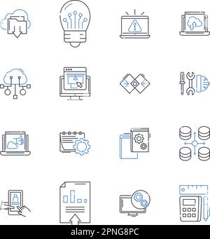 Raccolta di icone delle linee dei dispositivi computazionali. Processore, silicio, circuito, transistor, algoritmo, Byte, vettore logico e illustrazione lineare. Programma Illustrazione Vettoriale