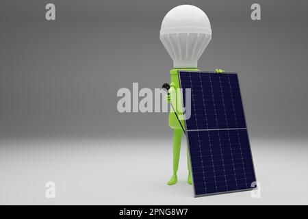 Una lampadina con un generatore solare pronto per essere collegato su sfondo grigio, concetto di energia alternativa, rendering 3D Foto Stock