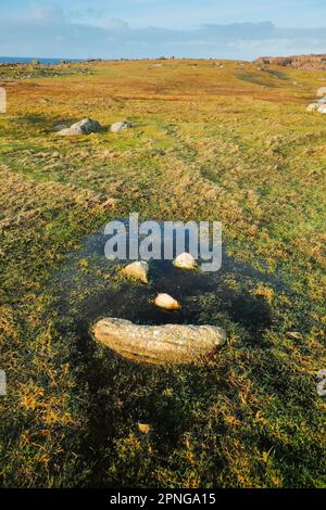 Smiley naturale fatto di pietre nel mezzo di una pozza d'acqua in un prato nelle Highlands della Scozia Foto Stock