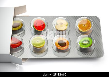 Multivitaminici e integratori alimentari naturali per una dieta sana. Frutta in pillole su confezione blister. illustrazione 3d Foto Stock