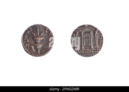 Moneta d'argento da Shimon bar Kokhba rivolta 132-135 d.c. Sinistra e Lulav Ethrog. A destra la facciata del tempio Foto Stock