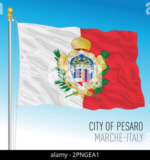 Città di Pesaro bandiera con stemma, regione Marche, Italia, illustrazione vettoriale Illustrazione Vettoriale