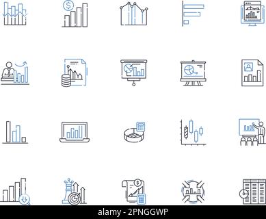 Grafici grafici grafici linee icone raccolta. Bar, linea, torta, scatter, Area, Grafico, vettore grafico e illustrazione lineare. Dati, asse, Scala, insieme di segni di contorno Illustrazione Vettoriale