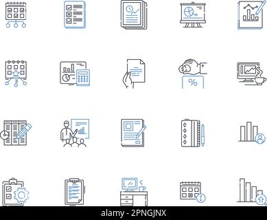 Orario - programmazione della raccolta delle icone delle linee. Routine, Agenda, Itinerario, programma, piano, Calendario, vettore di disposizione e illustrazione lineare. Pianificatore Illustrazione Vettoriale