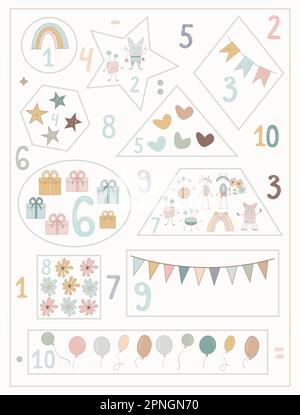 Poster del conteggio dei bambini disegnato a mano con grafica carino dei numeri, poster ABC, illustrazione educativa per bambini con numeri, Mursery Wall art, Letters Print, Foto Stock