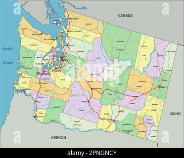 Washington - Mappa politica modificabile molto dettagliata con etichettatura. Illustrazione Vettoriale