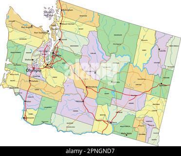 Washington - Mappa politica modificabile molto dettagliata con etichettatura. Illustrazione Vettoriale