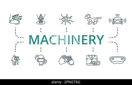 Set di contorni per macchinari. Icone creative: Optogenetica, olografica, occhio bionico, giocattoli hi-tech, auto senza conducente, tuta esoscheletrica, realtà virtuale Illustrazione Vettoriale
