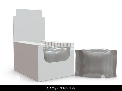 Rendering 3D - immagine ad alta risoluzione del display box con cuscino sacchetto isolato su uno sfondo bianco dettagli di alta qualità Foto Stock