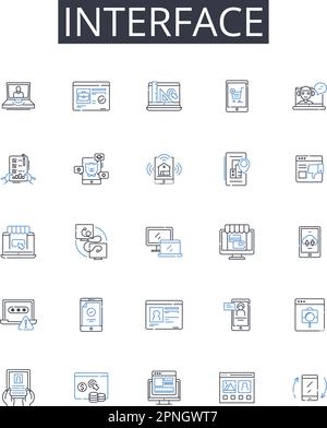 Raccolta di icone della linea di interfaccia. Punto di connessione, area di interazione, luogo di incontro, sistema di punti di contatto, piattaforma di collegamento, Giunzione di comunicazione Illustrazione Vettoriale