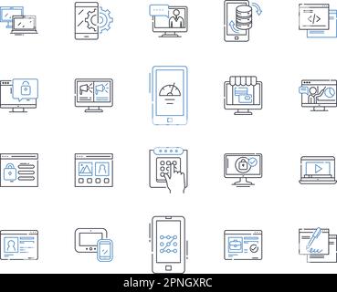 Collezione di icone della linea di motori per la sicurezza informatica. Firewall, malware, crittografia, phishing, vulnerabilità, Backdoor, Cyberattack vettoriale e lineare Illustrazione Vettoriale