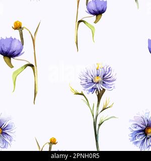 Acquerello estetico motivo floreale senza cuciture. Margherita viola o astre con foglie verdi, rami e fiori germogliare composizione su sfondo bianco Illustrazione Vettoriale