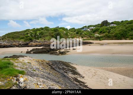 Spiaggia di sabbia vicino a Borth-y-Gest, Porthmadog, Galles del Nord. Case sopra la riva con splendide viste sull'estuario di Glaslyn. Foto Stock