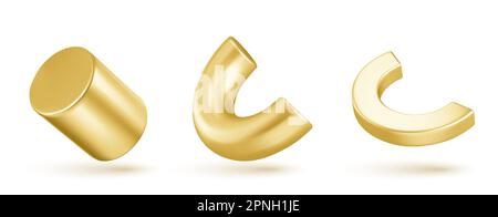 Isolato astratto geometrico oro 3D forma oggetto vettore. Cilindro dorato realistico e mezzo elemento toro su sfondo bianco. Icona di figura creativa e trendy. Set di tubi di base minimo Illustrazione Vettoriale