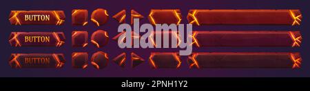 Set vettoriale animazione icona interfaccia pulsante UI gioco lava. Cartoon fantasy rpg titolo sprite per menu click azione popup. Risorse di pietra cracked hover per siti multimediali isolati su sfondo scuro. Illustrazione Vettoriale