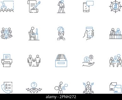 Raccolta di icone della linea dei materiali di consumo per desktop. Forbici, graffette, graffette, nastri, supporti, Evidenziatori, vettore legante e illustrazione lineare. Pastelli Illustrazione Vettoriale