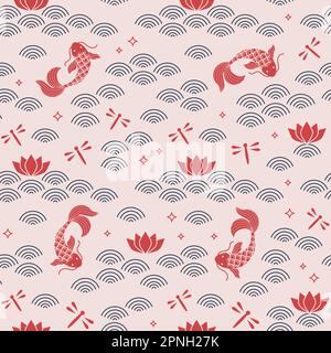 Pesci Koi giapponesi nel modello delle onde del mare Illustrazione Vettoriale