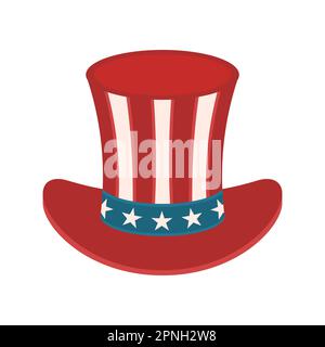 Cappello di bandiera americana. Simbolo patriottico degli Stati Uniti. Elemento grafico di disegno a stampa. Cappello dello zio Sam. Giornata dei presidenti. Cilindro con nastro e stelle. Piatto vettoriale. Illustrazione Vettoriale