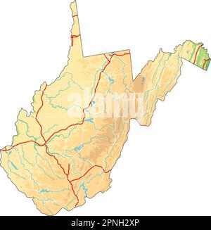 Mappa fisica della West Virginia dettagliata. Illustrazione Vettoriale