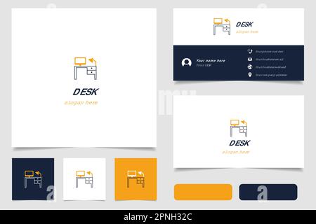 Logo da scrivania con slogan modificabile. Libro di branding e modello biglietto da visita. Illustrazione Vettoriale