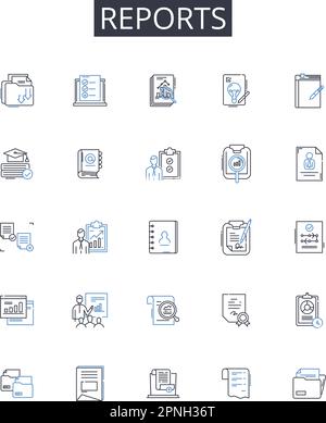 Raccolta di icone delle righe dei rapporti. Record, file, documenti, conti, Bollettini, Briefing, annunci vettoriali e illustrazione lineare. Riepiloghi Illustrazione Vettoriale