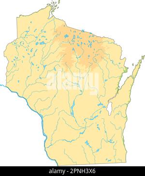 Mappa fisica del Wisconsin dettagliata. Illustrazione Vettoriale