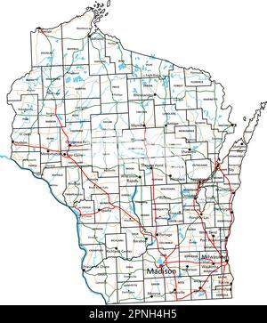 Mappa stradale e autostradale del Wisconsin. Illustrazione vettoriale. Illustrazione Vettoriale