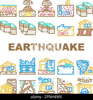 icone di distruzione danni da terremoto set vettore Illustrazione Vettoriale