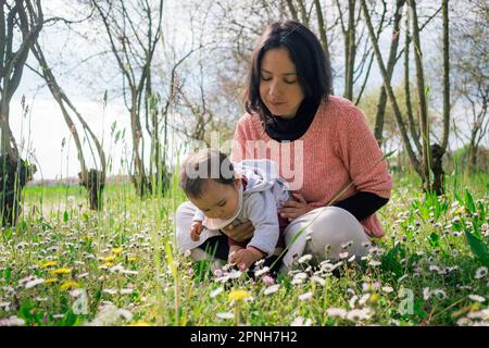 madre e bambina che raccolgono fiori e margherite nei prati durante la stagione dei fiori in un giorno di primavera soleggiato. concetto di maternità e godimento tim Foto Stock