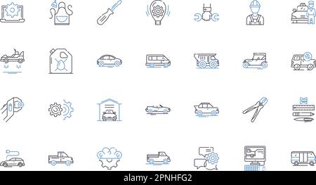 Raccolta icone linea di riparazione automatica. Diagnostica, manutenzione, freni, sospensioni, allineamento, Illustrazione del motore, del vettore della trasmissione e della linea Illustrazione Vettoriale