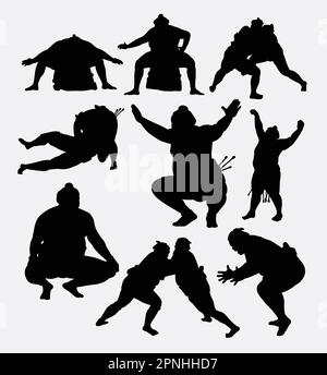 Silhouette giapponese del torneo di combattimento di sumo. Buon uso per simboli, logo, icona web, mascotte, elementi di gioco, o qualsiasi progetto che desideri. Facile da usare, e Illustrazione Vettoriale